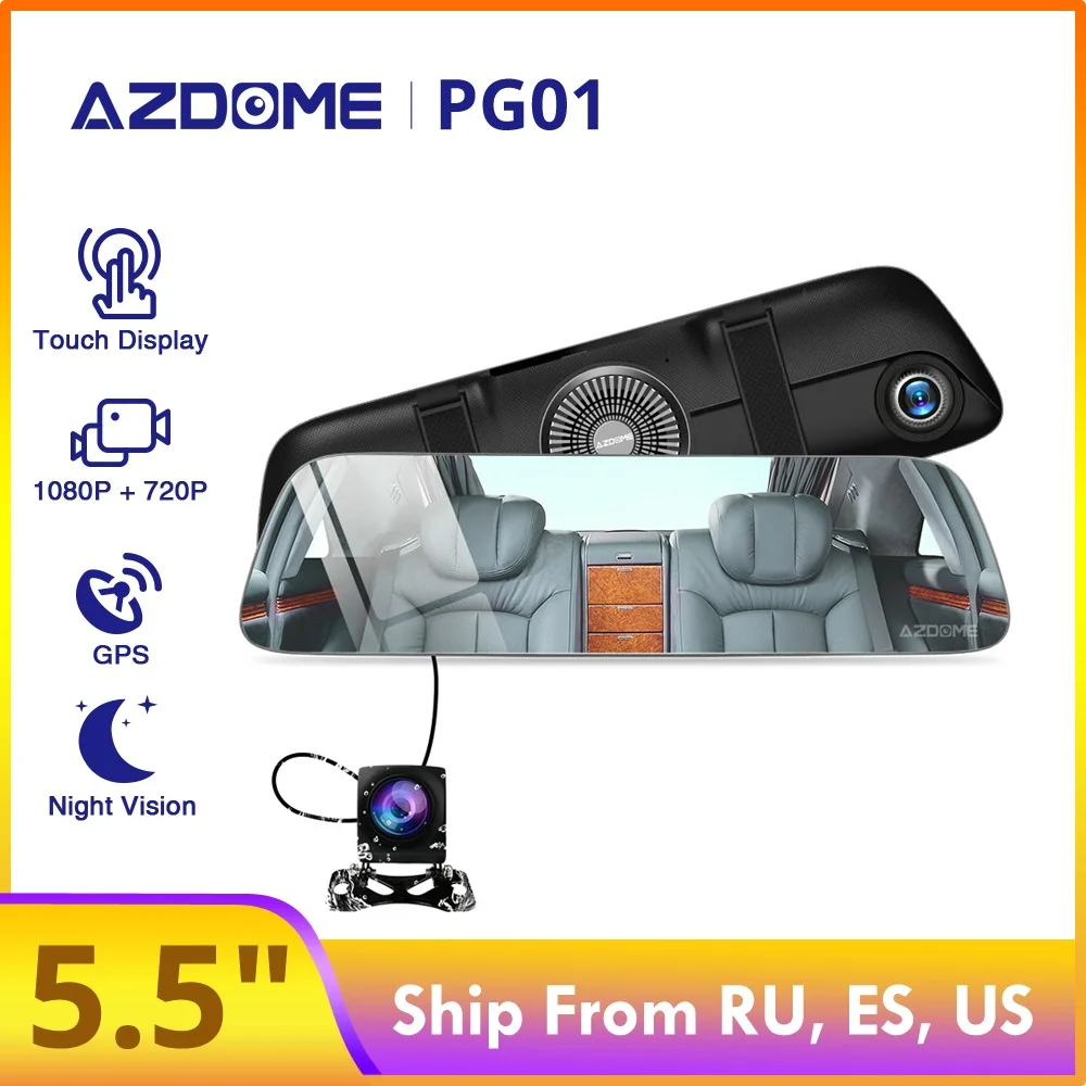 

AZDOME PG01 Mirror Video Recorde Dash Cam 5.5" IPS Touch Screen Car Rear View DVR Super Night Vision Dual Lens HD 1080P+720P