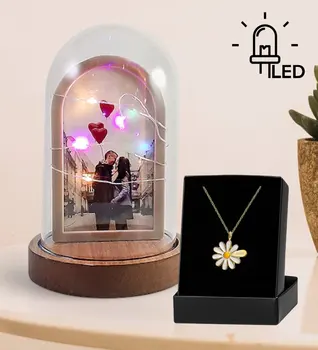 

Personalized Is Daisy Necklace and Wood Based Led Illuminated Glass Dome Photo Frame Set