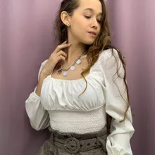 Short Blouses Womens Tops Long-Sleeve Vintage Square-Collar Casual Simple New Bow Solid