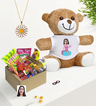 

Personalized Women 'S Birthday Caricature Of Nostalgic Lezzetler Plush Teddy Bear Daisy Necklace Gift Seti-2