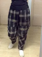 Pantalones harén de cintura elástica para mujer, pantalón holgado Vintage de algodón y lino a cuadros, estilo artístico, de talla grande, para primavera y verano, D414