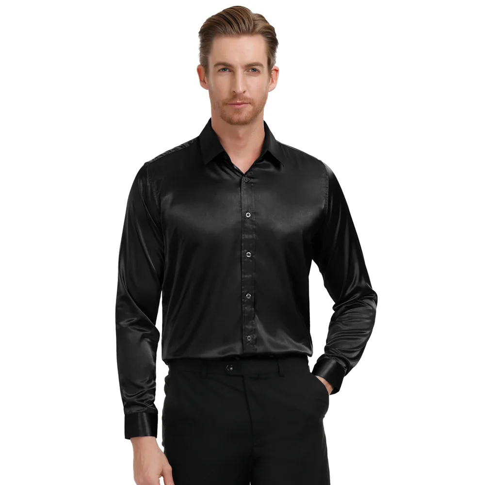 Мужская атласная рубашка стильная и приталенная однотонная деловая с длинным
