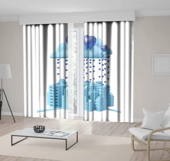 

Curtain City of Love Clouds Decorated Small with Striped Heart Falling Like Rain over Buildings Art Printed Blue