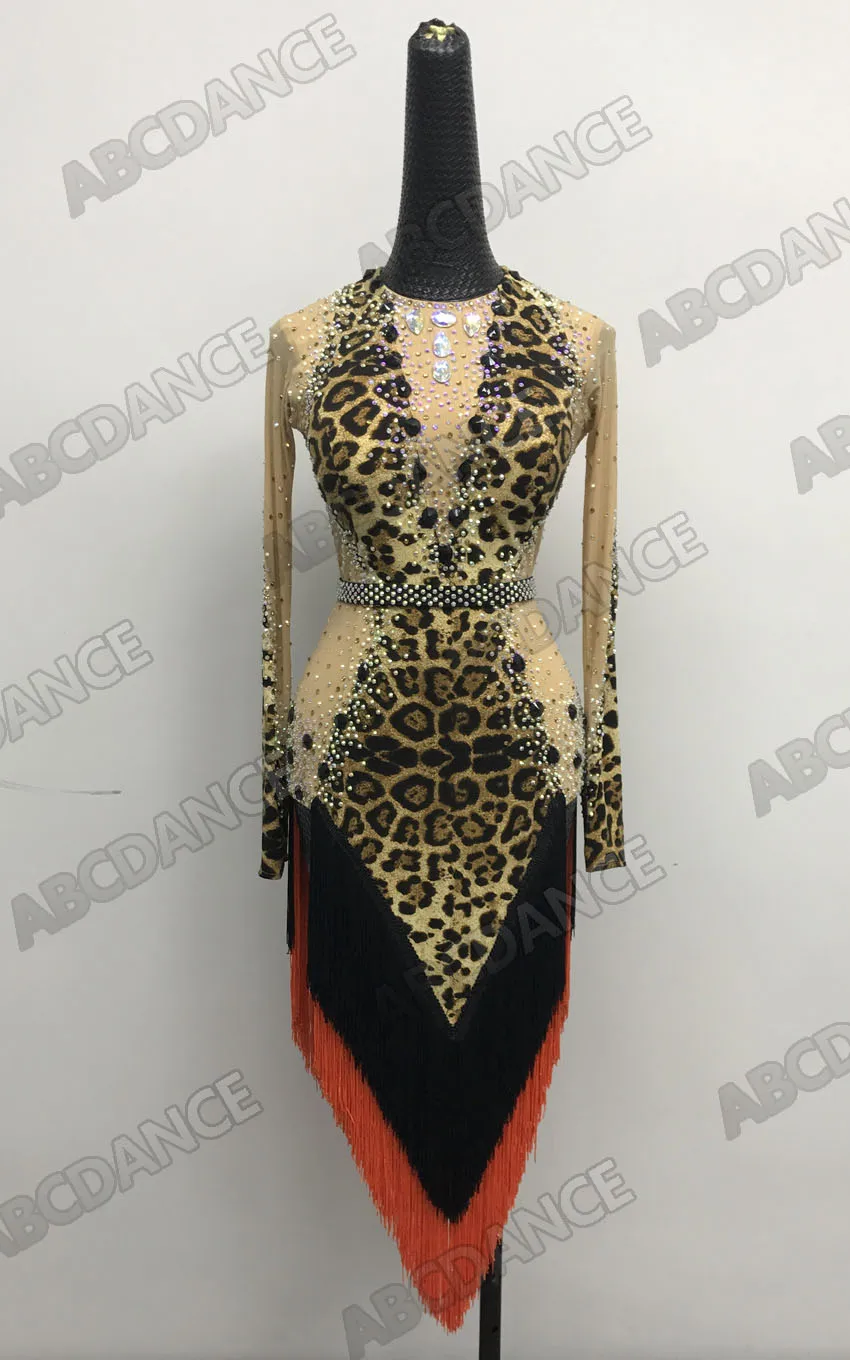 

Latin Dance dress dancing costume latin dancewear leopard fabrice fringes lating dancing dress tassels