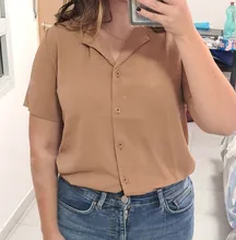 Blouse Women Shirt Tops Cardigan Short-Sleeve Office Loose Formal Yellow Casual Fashion