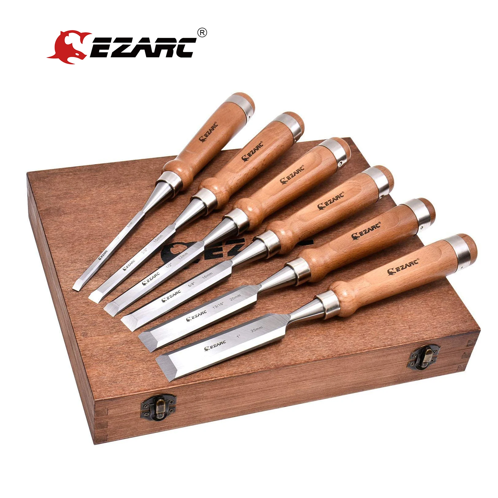 EZARC 6pc Wood Chisel Set for Woodworking CRV Steel with Walnut Handle in Wooden Premium Box
