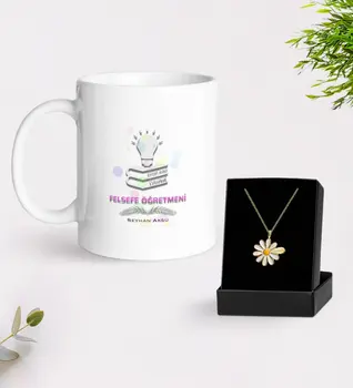 

Personalized Philosophy Teacher White Mug and Daisy Necklace Gift Seti-2