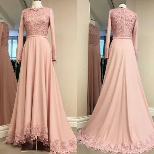 

Pink Lace Appliques Spandex Evening Dress Long A Line O Neck Full Sleeve Formal Party Gowns Robe De Soire