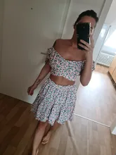 Vestido de verano con volantes y estampado Floral, Trajes de dos piezas, hombros descubiertos, mangas abullonadas, Top y Mini conjuntos de falda, Espalda descubierta, 2021