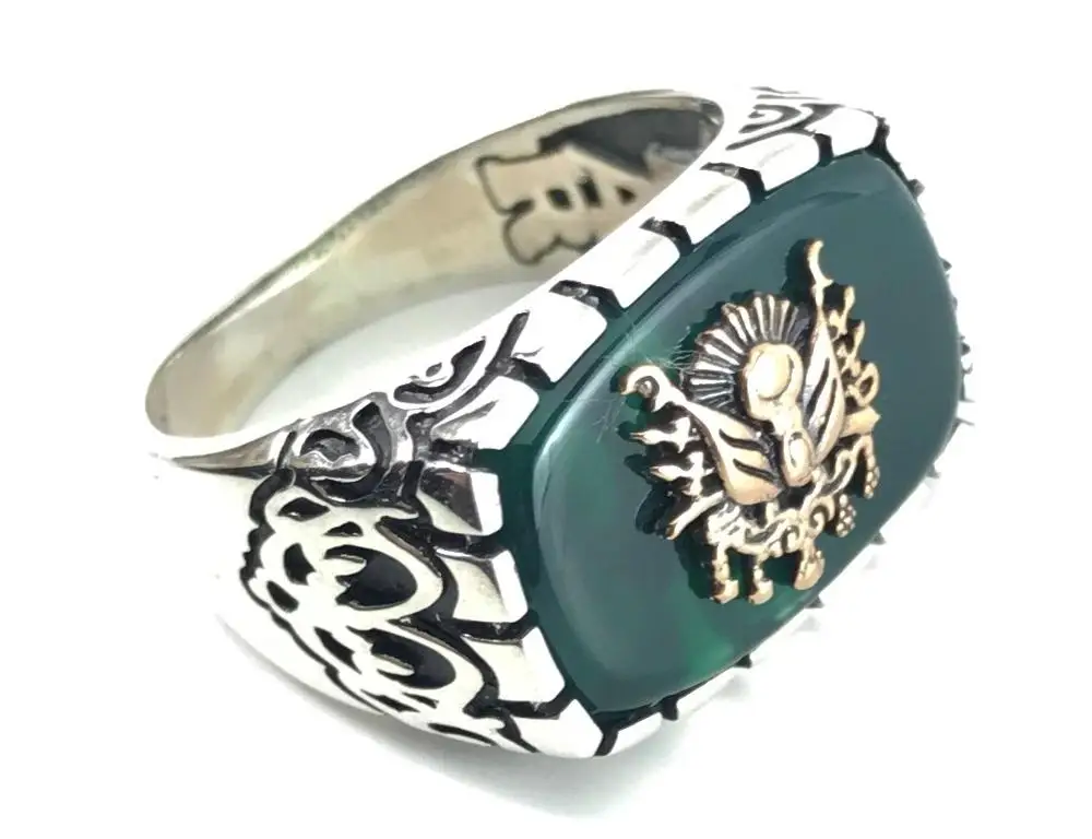 

LARGE MIDDLE RECTANGULAR GREEN STONE OTTOMAN ARMY PATTERNED Muslim Tattoo Ring 925 SILVER CHIC PATTERNED Father's Gift Fashion M