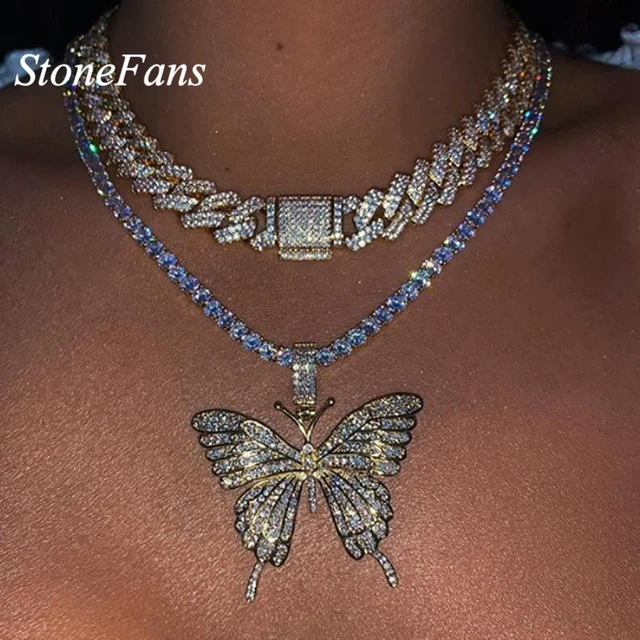 Stonefans Tennis Chain Butterfly Choker Necklace Gold Plated Women Outfit  Long Iced Out Butterfly Necklace With Big Pendant Gift - Necklace -  AliExpress