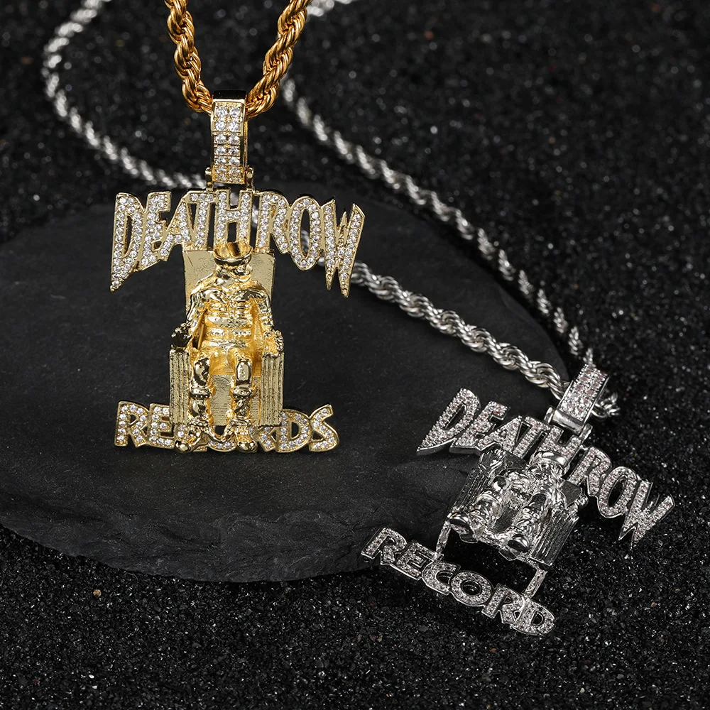 Hip Hop Jewelry Deathrow Records Pendant Necklaces for Men Iced Out Cubic  Zirconia Charms 18K Gold Plated Copper Pendants