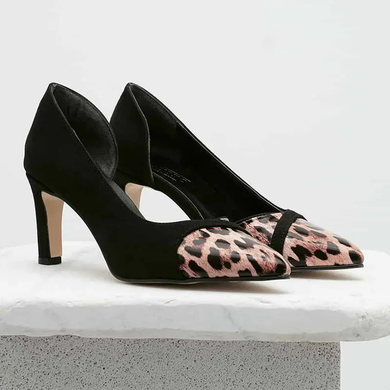 Mio Gusto Brand FRANCES, 6Cm Short Heel, Gray and Black Colors, Leopard Patterned Suede, high Quality, Women's Stiletto Pumps.