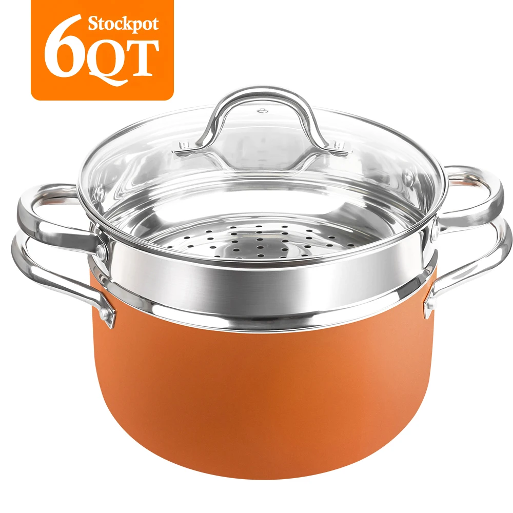 

Copper 6 Quart Multipurpose Pasta Pot with Lid Stock Pot with Stainless Steel Steamer 3 Set