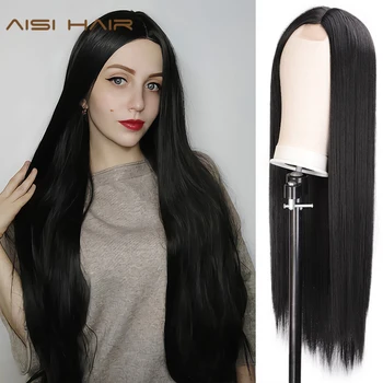 AISI HAIR Long Straight Black Wig Synthetic Wigs for Women Natural Middle Part Lace Wig Heat Resistant Fiber Natural Looking Wig 1