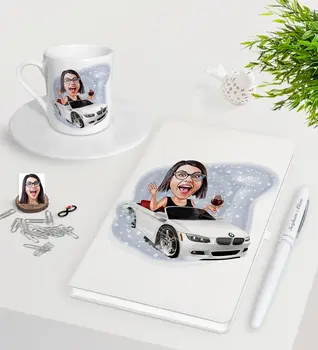 

Personalized Women 'S Boss Caricature Of White Notebook Pen Turkish Coffee Cup Seti-3