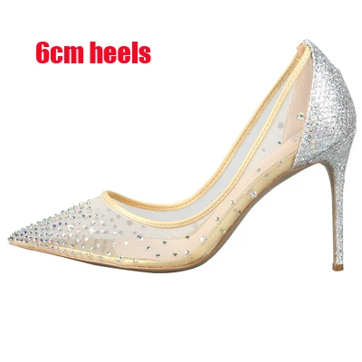 Шикарные женские туфли на высоком каблуке с прозрачным сетчатым верхом; классическая роскошная обувь с закрытым носком; элегантная женская свадебная обувь - Цвет: silver 6cm