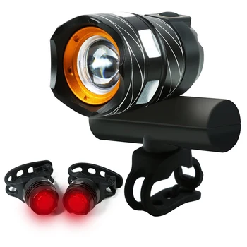 

Black/golden headlights + 2 black tail lights Bicycle riding lights T6 night riding light flashlights USB charging lights long-r