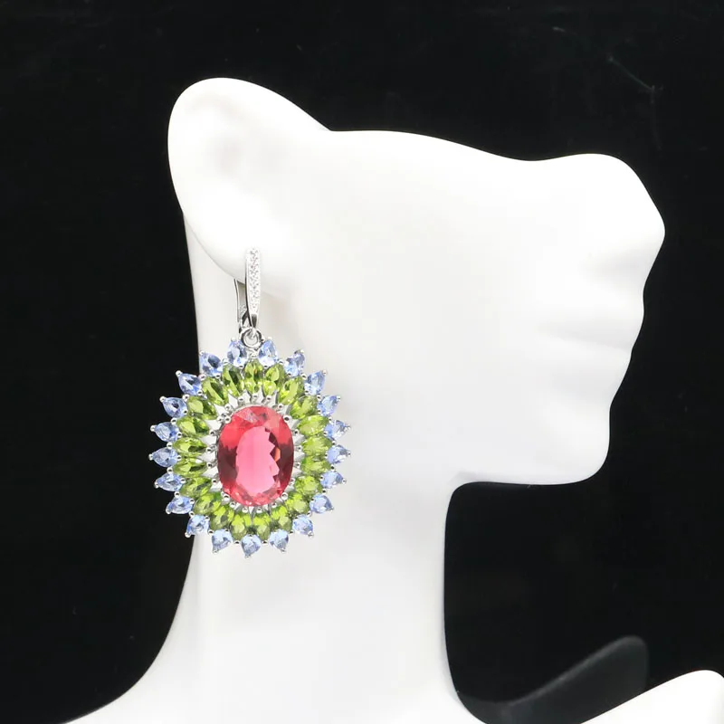 52x32mm Multi Color 18.7g Created Tourmaline Green Peridot Violet Tanzanite CZ For Wedding Dating Silver Earrings Eye Catching | Украшения