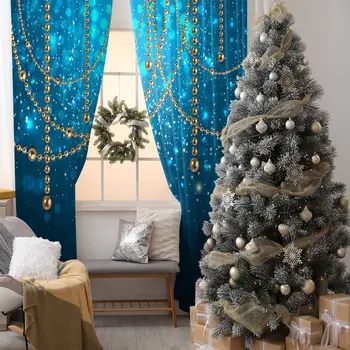 

Golden Decorating Baubles On Glowing Holiday Becomes Blurred Background Snowflakes And Stars With Yellow Blue Curtain