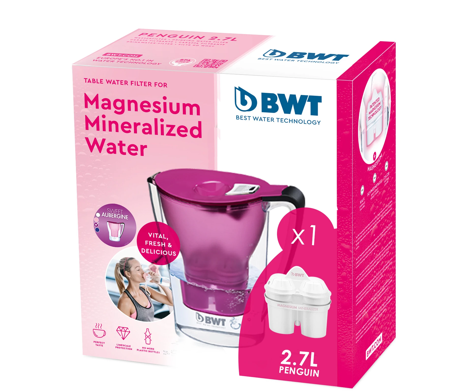 BWT Penguin caraffa filtrante per acqua viola con pennarello