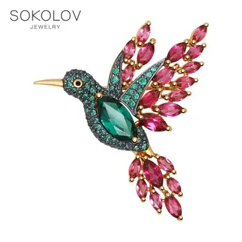 

SOKOLOV brooch of gold with a mix of stones "Hummingbird", fashion jewelry, 585, women's male