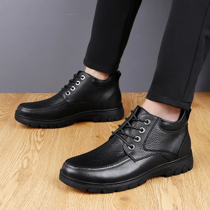 

Men's Super Warm Genuine Leather Winter Leather Shoes Lace-up Fur Boots For Men Waterproof Shoes Size 37-46