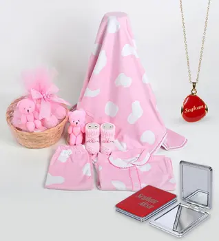 

Personalized Is Cabochons Red Necklace Mirror and Welcome Baby Girl Gift Set