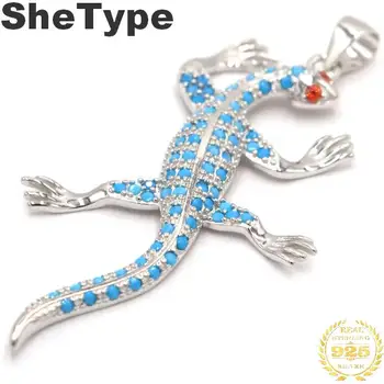 

50x27mm SheType Gecko 3.6g Created Blue Turquoise Garnet Gift For Man 925 Solid Sterling Silver Pendant