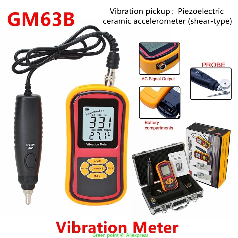 5PCS New Design GM63B Vibration Meter LCD Display Uses High Sensitivity Of Vibration Sensor Equipped Two Magnetic Probes(S & L)