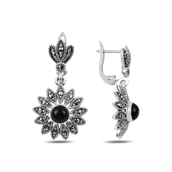 

KUTAYDAN Marcasite & Onyx Stone Dangle Earrings 925 Sterling Silver