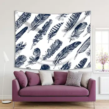 

Tapestry Flying Feathers Pattern Birds Nature Decorative Sketch Artwork Navi Blue White