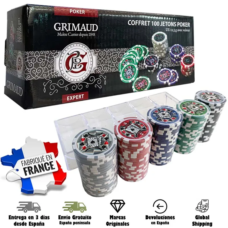 Cartamundi Grimaud 100 poker chips with value: 1 5 10 25 and gray red blue green black Weight 11.5 grams adults Casino