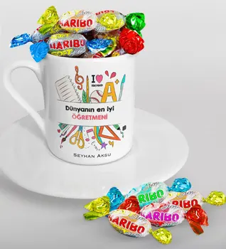 

Personalized World Best Öğretmeni Turkish coffee Cup and Haribo Candy Gift Seti-13