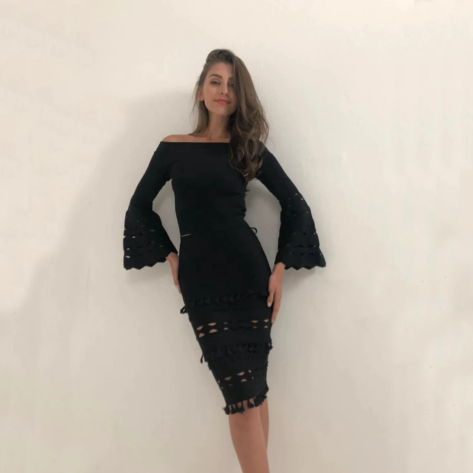 BANDAGE New Chic Autumn Office Lady Pencil Skirt Elegant High Waist Tassel Fringe Bodycon Hollow Out Party Skirt Knee Length