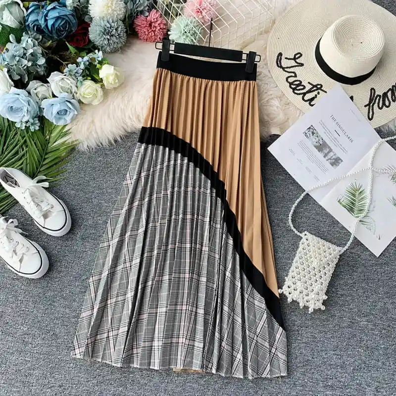 autumn Plaid High Waist Vintage Long Skirt Autumn Winter Bottoms Long Skirts A-line Patchwork Panelled Pleated Skirts - Цвет: Бежевый