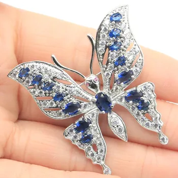 

47x45mm SheCrown Butterfly Shape Created 16.5g Tanzanite White CZ Wedding Ladies Silver Brooch