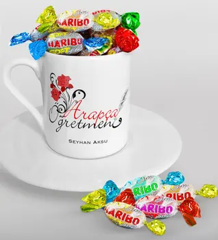 

Personalized Arabic Teacher Turkish coffee Cup and Haribo Candy Gift Seti-1