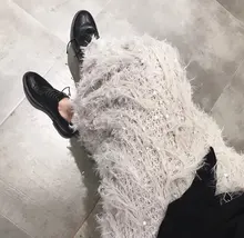 Crochet Skirt Feather-Sweater A-Line Midi Grey Long Designer High-Waist Fashion Women