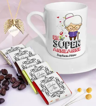 

Personalized Super Granny Coffee cup Chocolate Angel Wing Necklace Set