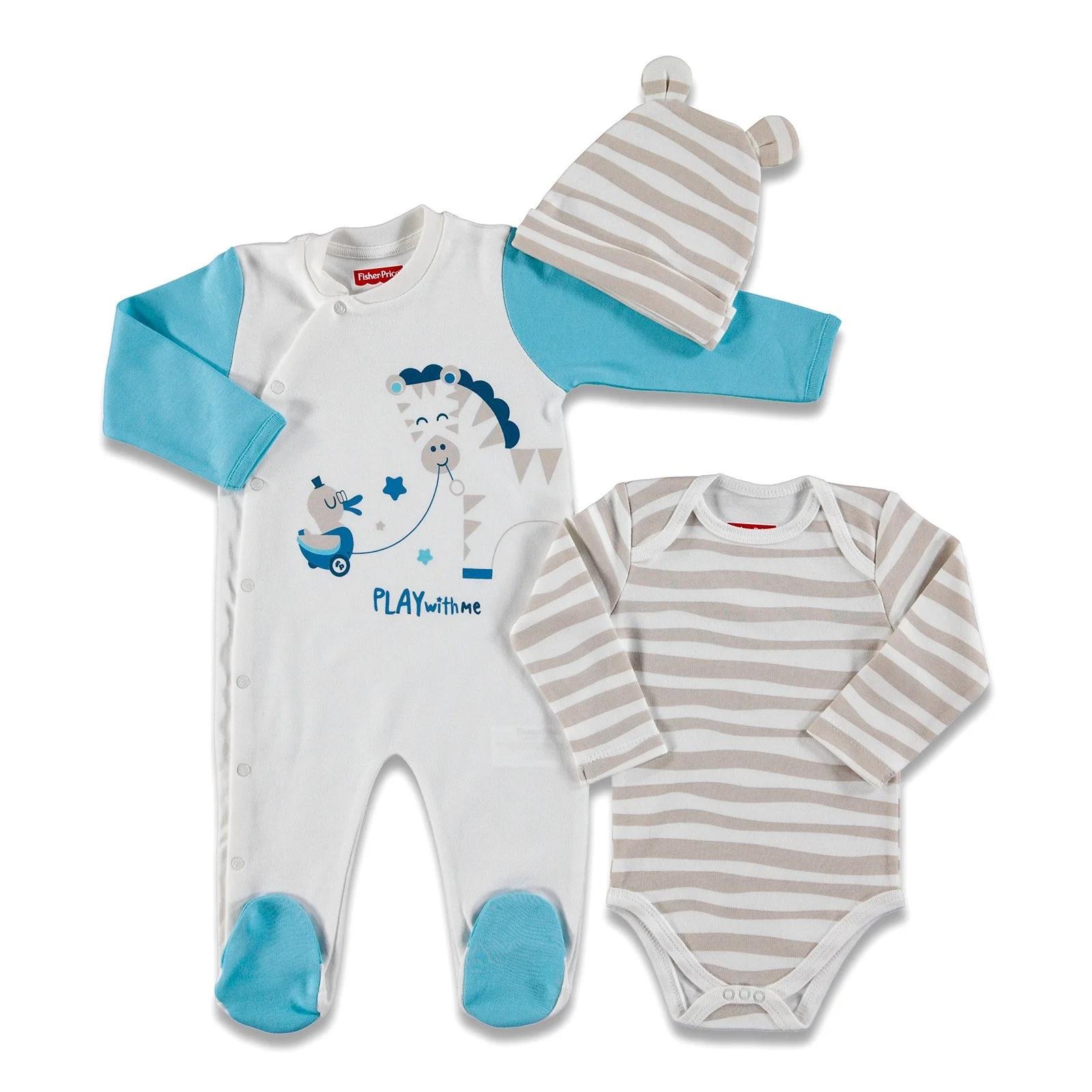 Ebebek Fisher Price/Детский комбинезон с надписью Play with Me боди и шапочка комплект из 3