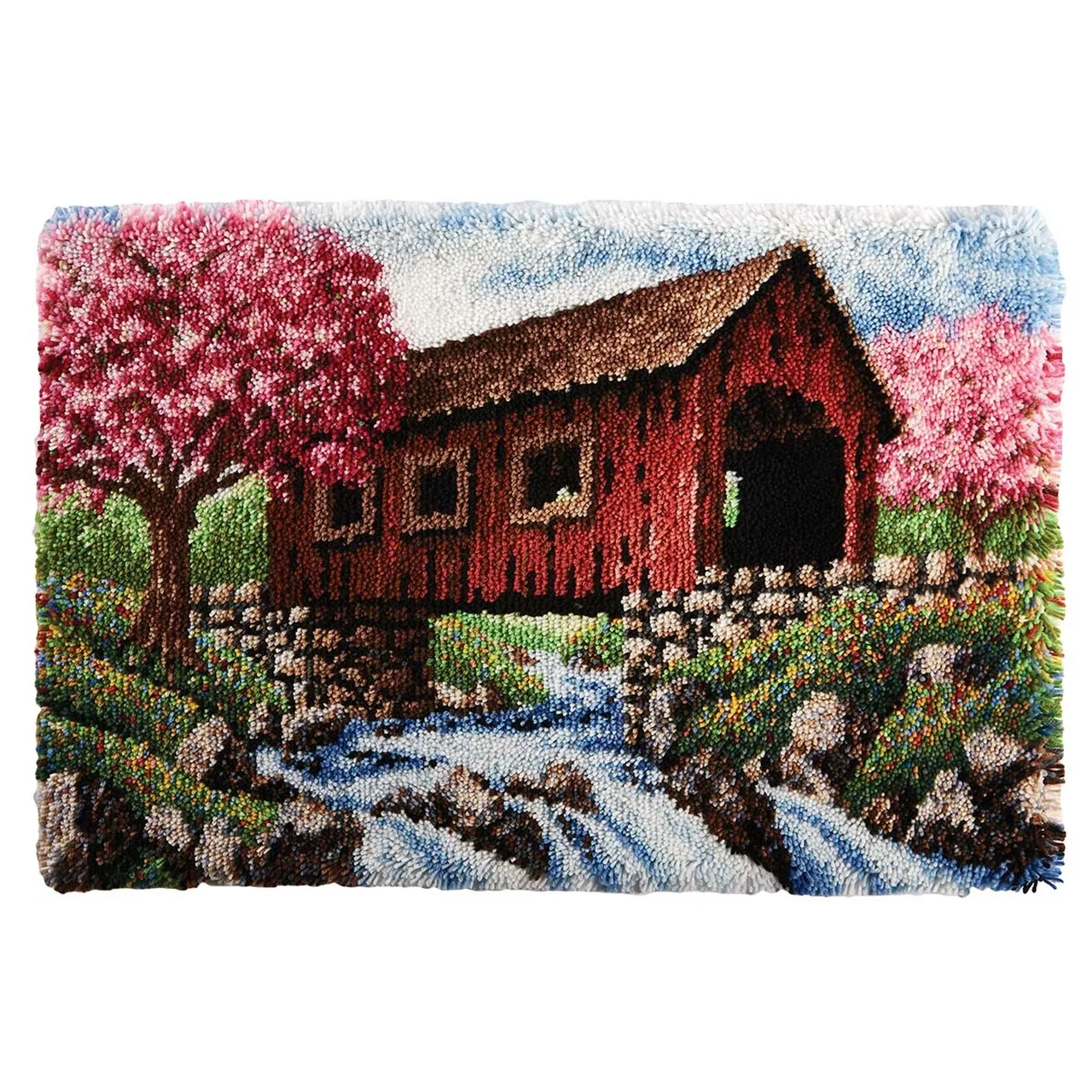 Latch Hook Kits Spring Covered Bridg Wall Hanging DIY Carpet Rug Pre-Printed Canvas with Non-Skid Backing Arts & Crafts 102x69cm