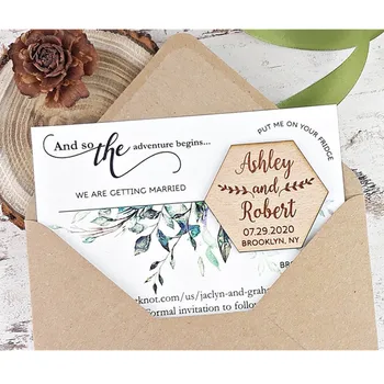 

Greenery Save the Date Magnet, custom hexagon Wedding favor Wood gift magnets, Engraved Wooden invitation cards,Adventure Begins