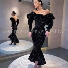 Длинные Сексуальные вечерние платья Русалка с открытыми плечами с длинным рукавом черный блесток Арабский стиль Дубай женские вечерние платья