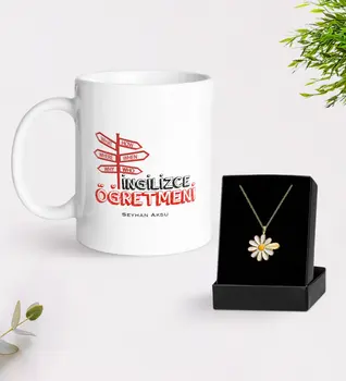 

Personalized English Teacher White Mug and Daisy Necklace Gift Seti-1