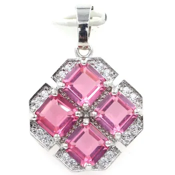 

31x21mm New Silver Pendant Square Created Pink Tourmaline Zircon Bright Cubic Zirconia Fashion Pendant Necklaces for Women
