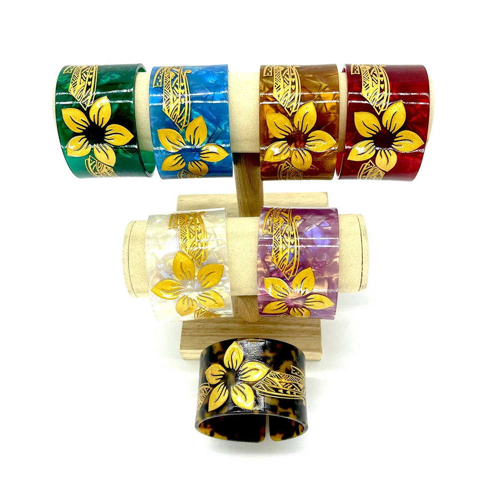 2022 Newest Factory Wholesale Acrylic Tortoise Shell Cuff Bracelet Bangles With Flower Tribals Carved Styles