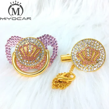 

MIYOCAR Pink bling pink crown Rhinestone pacifier and clip set pacifier chain holder gold pacifier pink rhinestone APCB-SP