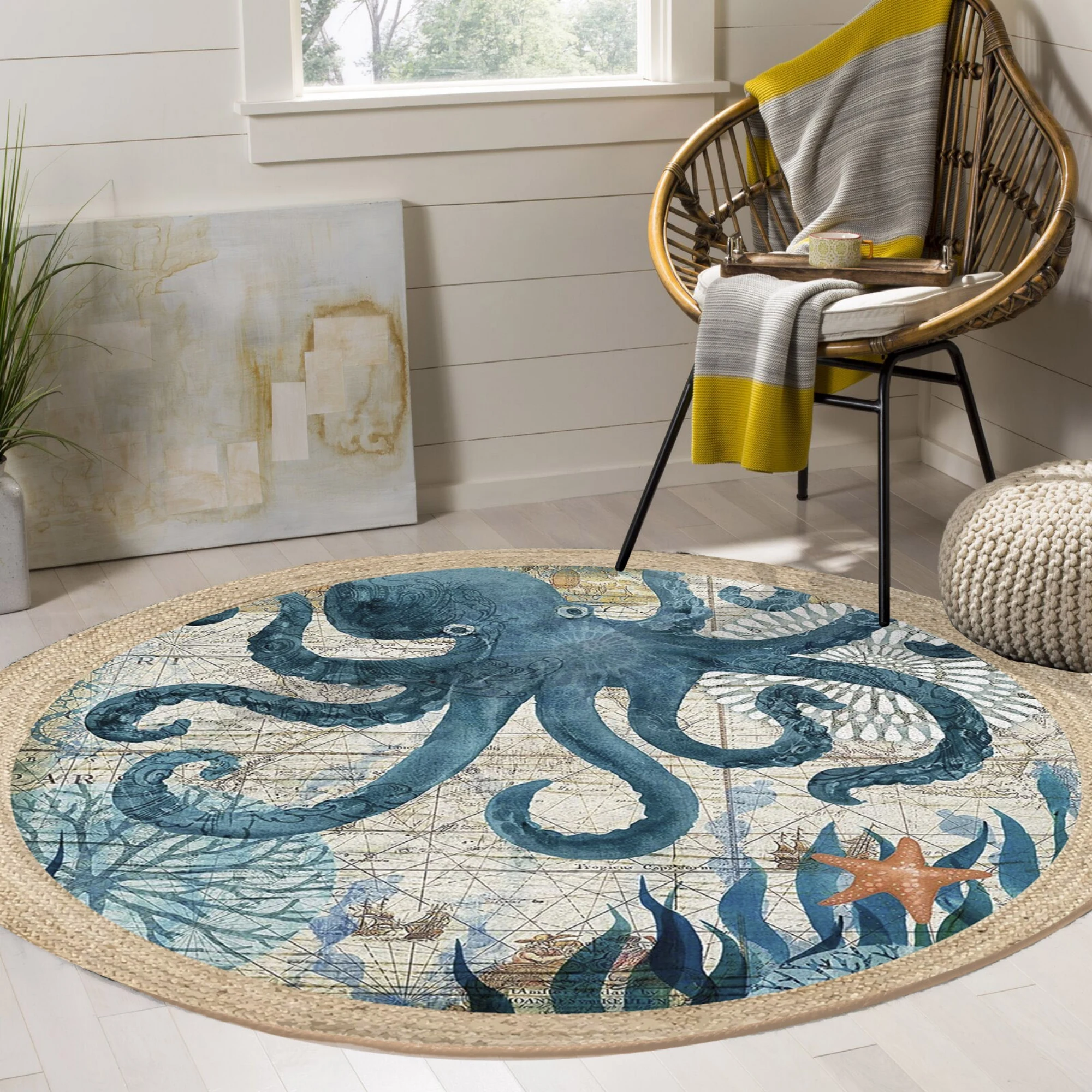 

Еще синий коврик Octapus Sea World сизальный натуральный джутовый ковер ручной работы с плоским плетением круглый напольный коврик для гостиной спальни сизальный коврик