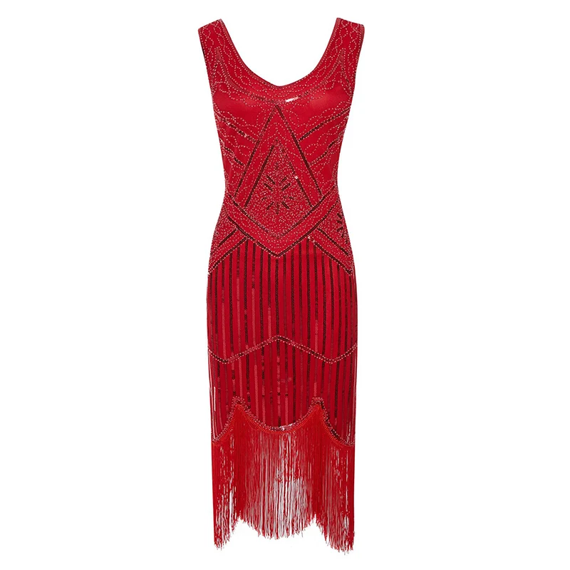 Red Dress Платья большого размера плюс 4XL Great Gatsby женские Хлопушка 1920s блесток бисером бахромой платье w/Набор аксессуаров XS-XXXXL - Цвет: Red Dress